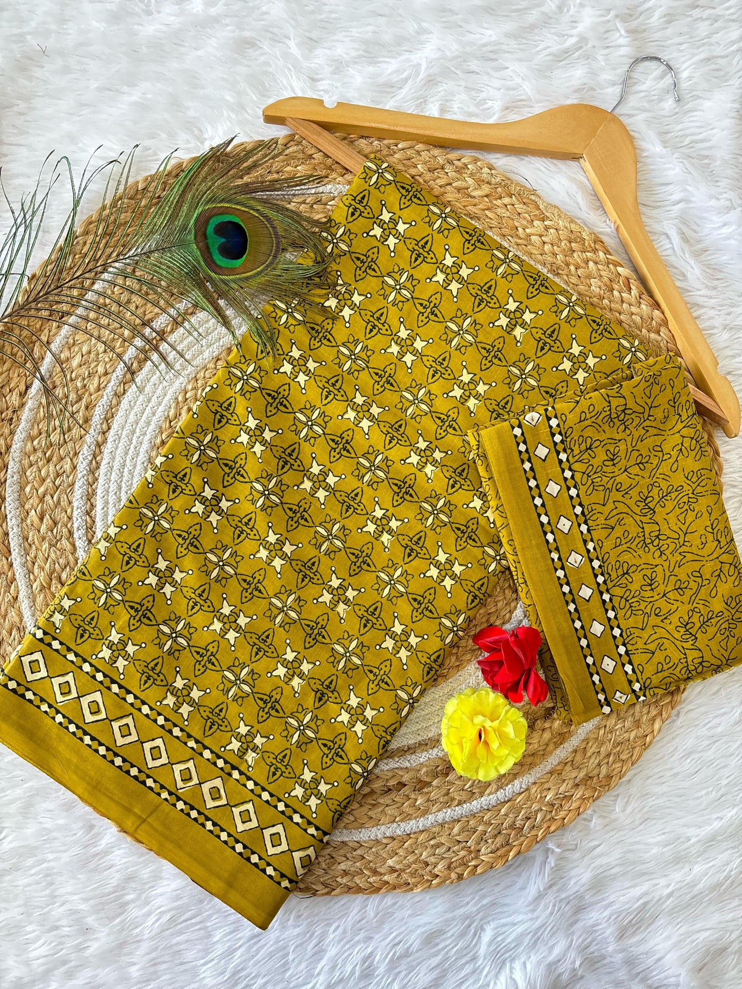 Dharma - Light Yellow Bagru Handblock Print Pure Mul Cotton Saree With Blouse