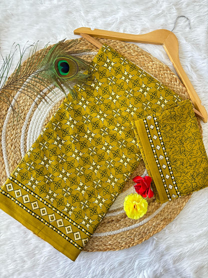 Dharma - Light Yellow Bagru Handblock Print Pure Mul Cotton Saree With Blouse