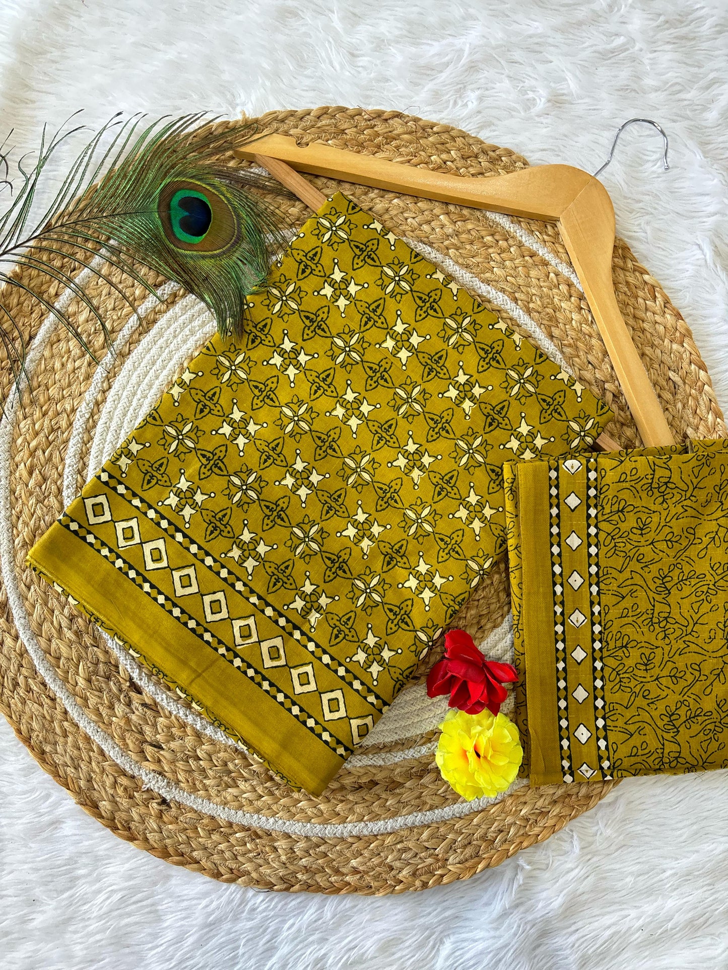 Dharma - Light Yellow Bagru Handblock Print Pure Mul Cotton Saree With Blouse