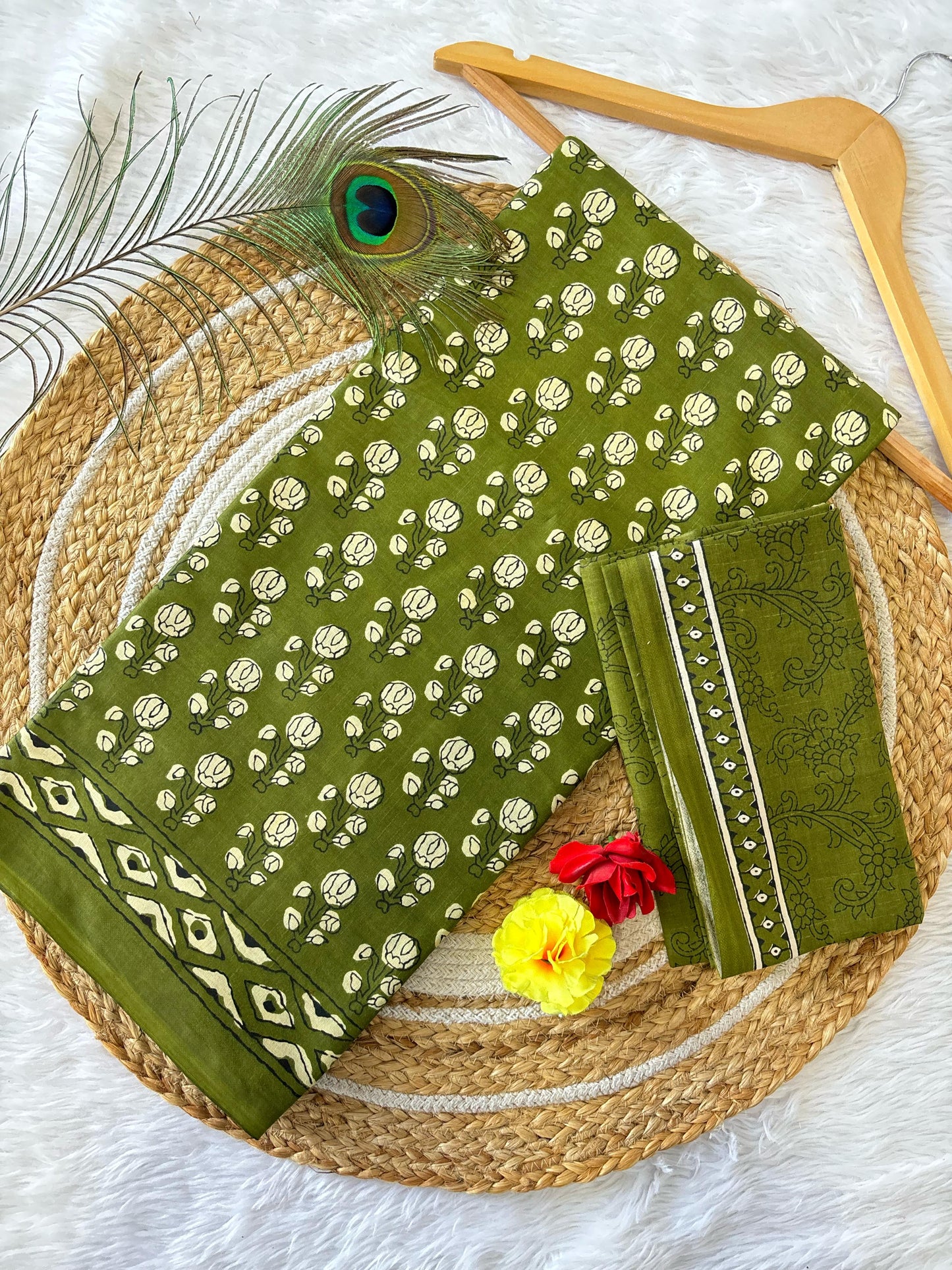 Dharma - Parrot Green Bagru Handblock Print Pure Mul Cotton Saree With Blouse