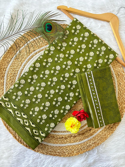 Dharma - Parrot Green Bagru Handblock Print Pure Mul Cotton Saree With Blouse
