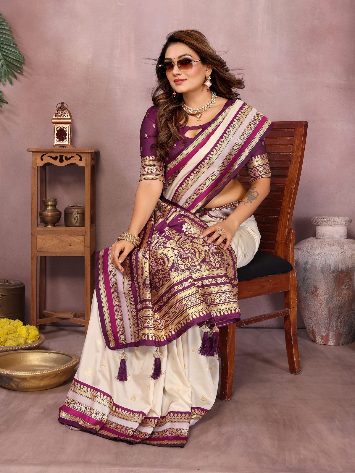 New Designer Cream Kalamkari Silk Saree with Purple Zari Woven Border and Pallu