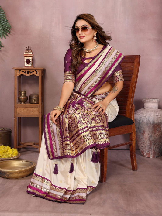 New Designer Cream Kalamkari Silk Saree with Purple Zari Woven Border and Pallu