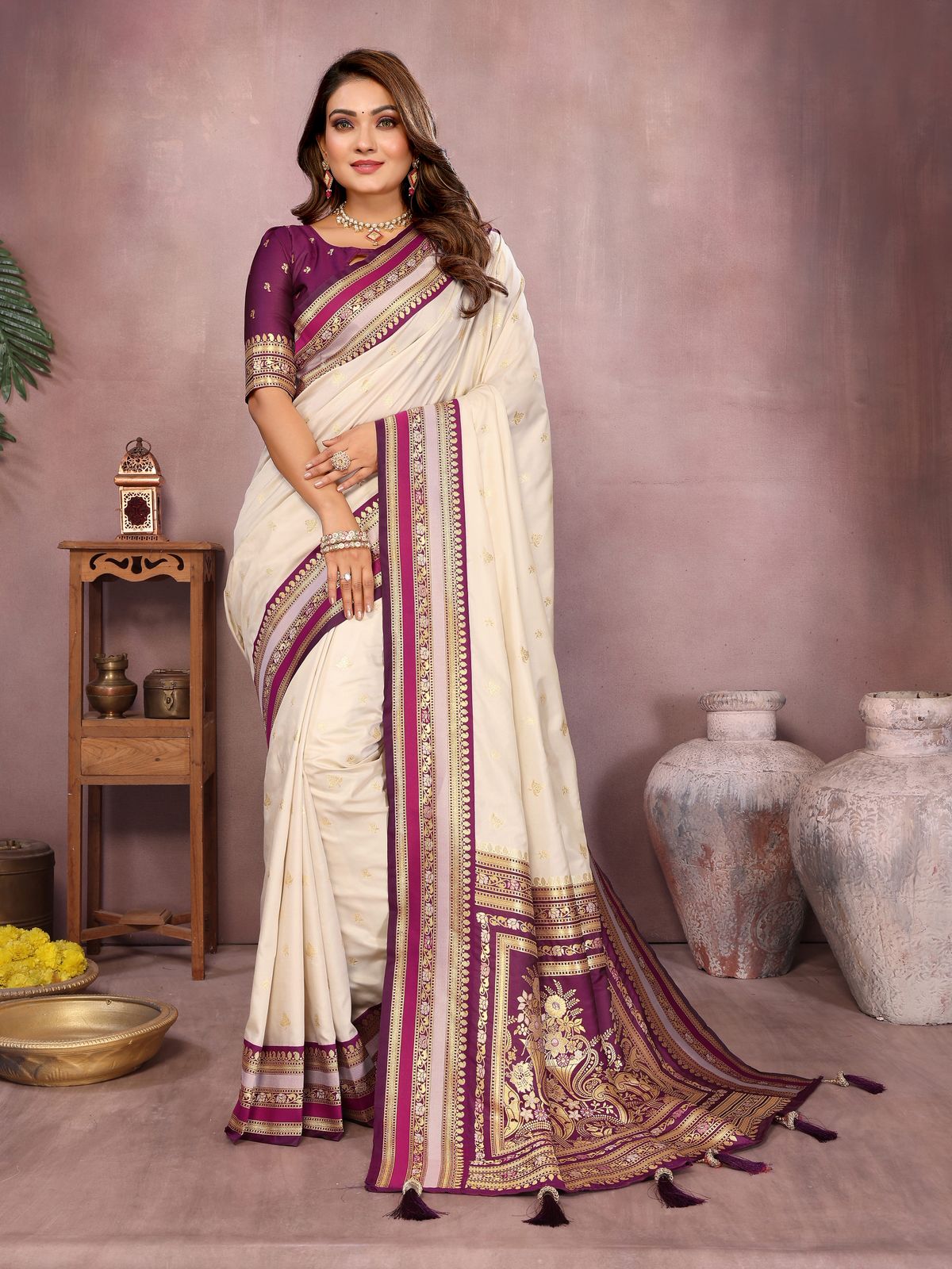 New Designer Cream Kalamkari Silk Saree with Purple Zari Woven Border and Pallu