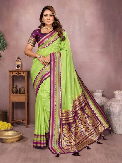 Premium Kalamkari Silk Saree in Lime Green with Traditional Zari Woven Border