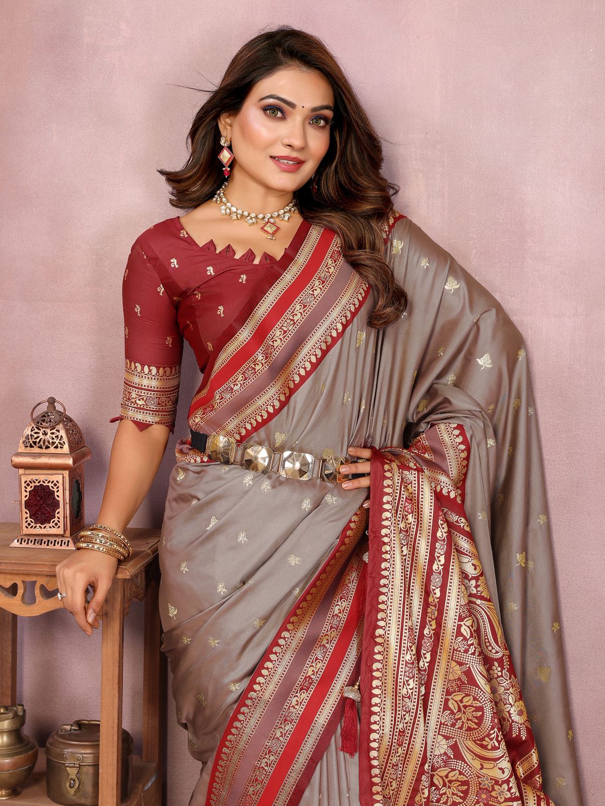 Elegant Grey Kalamkari Silk Saree with Rich Maroon Zari Woven Border & Designer Floral Pallu