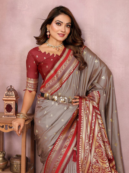 Elegant Grey Kalamkari Silk Saree with Rich Maroon Zari Woven Border & Designer Floral Pallu