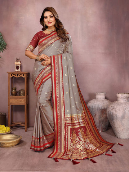 Elegant Grey Kalamkari Silk Saree with Rich Maroon Zari Woven Border & Designer Floral Pallu
