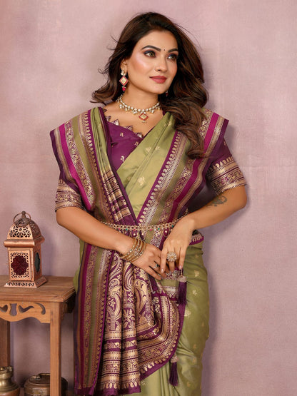 Premium Kalamkari Silk Saree | Olive Green & Purple | Rich Zari Woven Border | Designer Wedding & Festive Wear