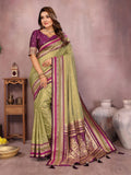 Premium Kalamkari Silk Saree | Olive Green & Purple | Rich Zari Woven Border | Designer Wedding & Festive Wear