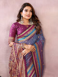 Premium Handloom Kalamkari Silk Saree with Rich Zari Woven Borders & Designer Pallu | Blue & Wine Purple