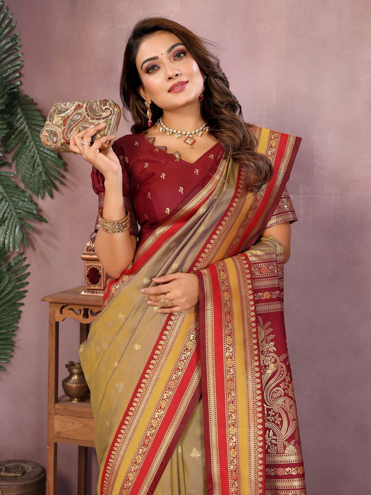 Premium Kalamkari Silk Saree with Rich Zari Woven Borders & Designer Pallu | Golden Beige & Ruby Red
