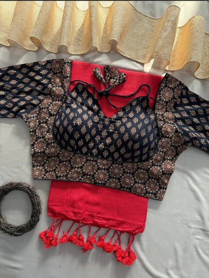 Red Handloom Cotton Saree With Black Ajrakh Print Stitched Blouse