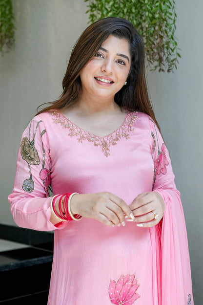 Pink Chinon Straight Kurta Set for Women