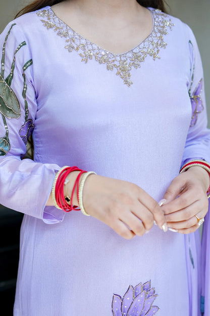 Lavender Chinon Flared Kurta Set for Women