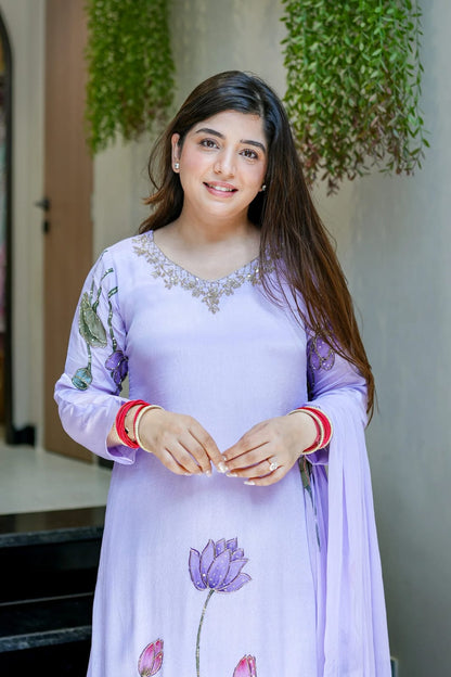 Lavender Chinon Flared Kurta Set for Women