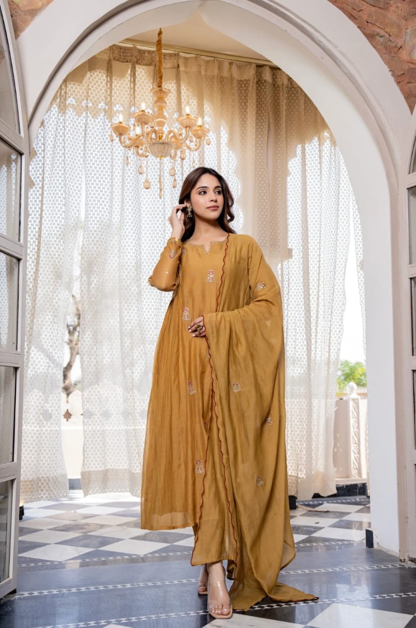 NEW ARIVELLS PURE MUL CHANDERI EMBROIDERY SUIT SET