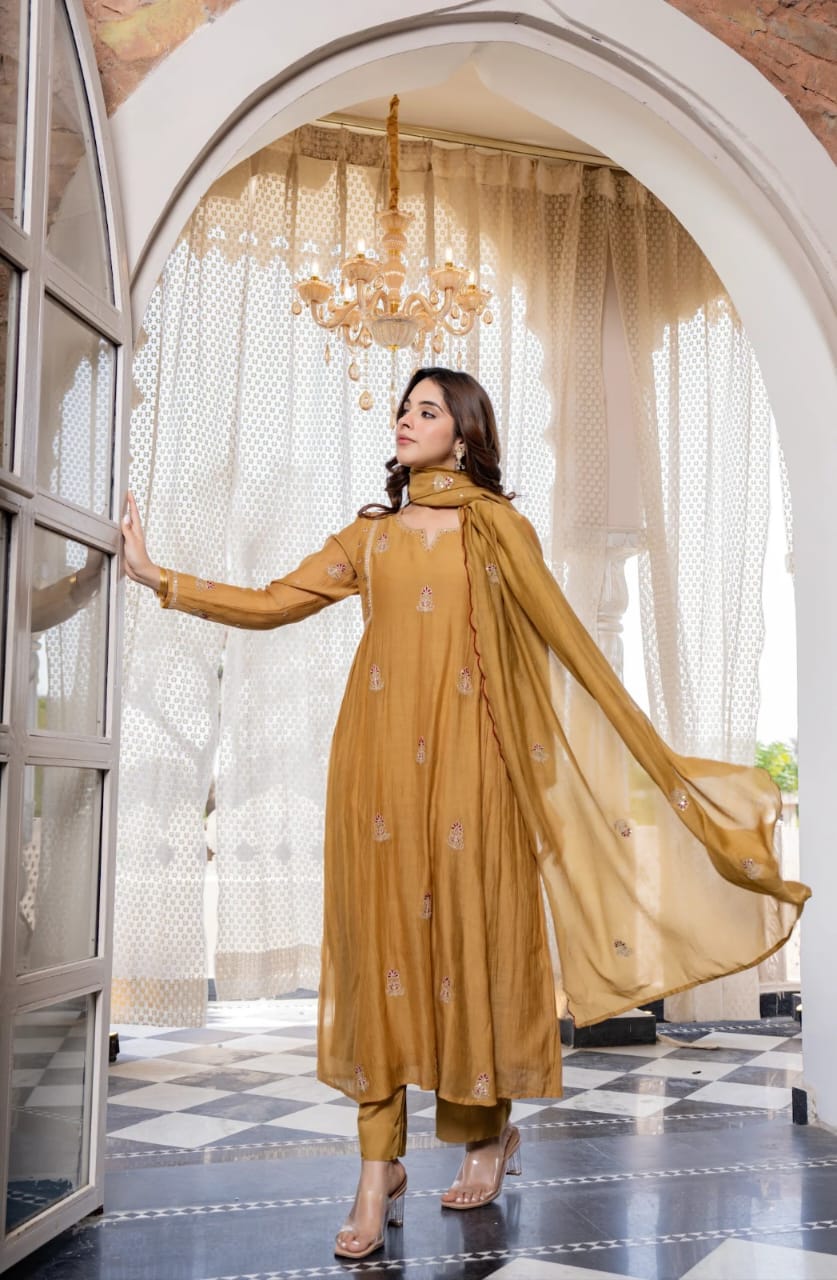 NEW ARIVELLS PURE MUL CHANDERI EMBROIDERY SUIT SET