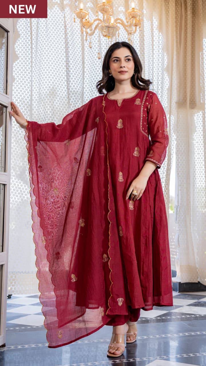 NEW ARIVELLS PURE MUL CHANDERI EMBROIDERY SUIT SET