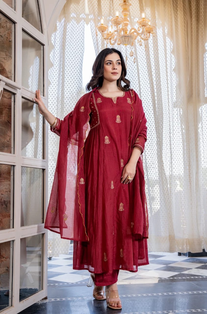 NEW ARIVELLS PURE MUL CHANDERI EMBROIDERY SUIT SET
