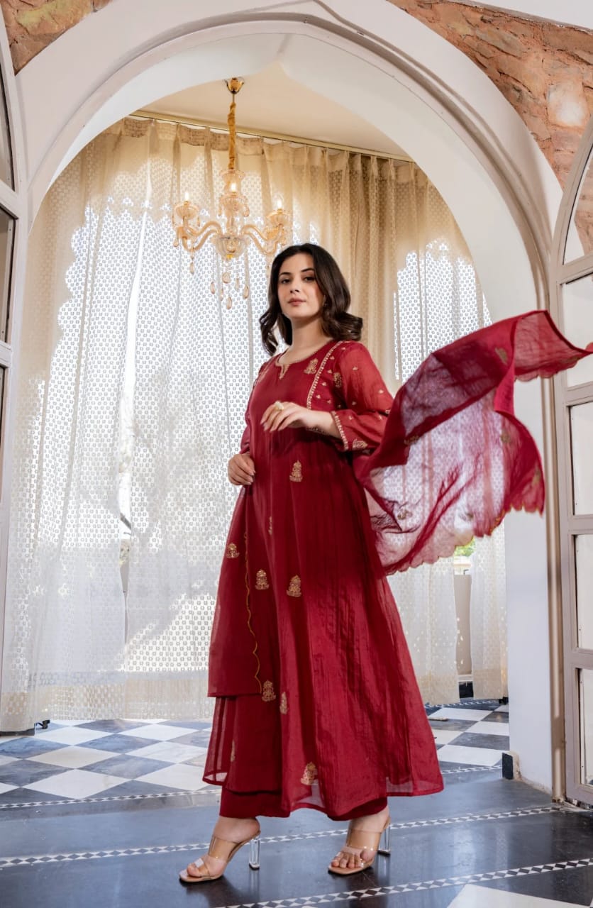 NEW ARIVELLS PURE MUL CHANDERI EMBROIDERY SUIT SET