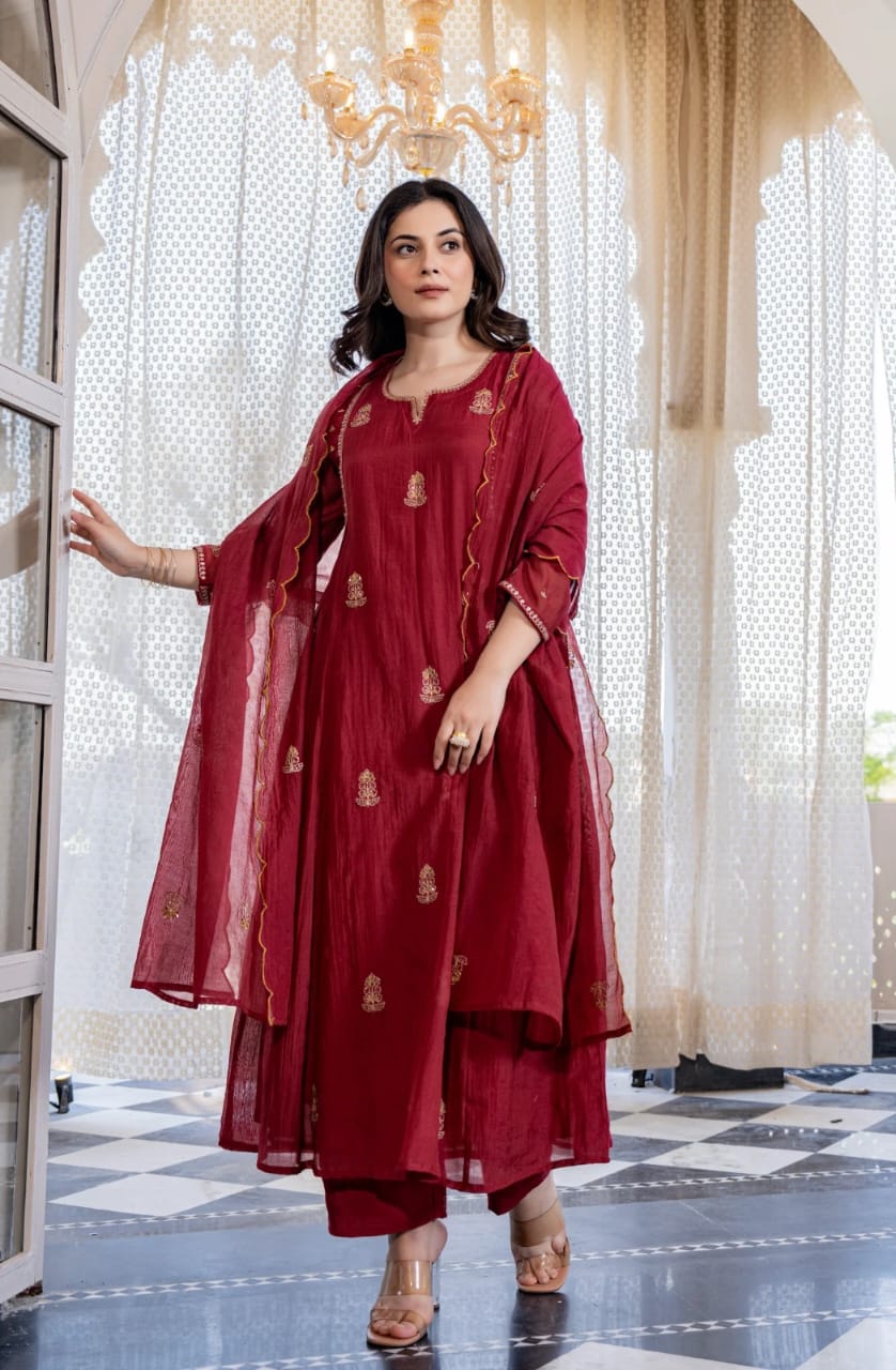 NEW ARIVELLS PURE MUL CHANDERI EMBROIDERY SUIT SET