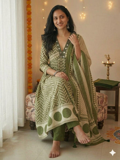 Very Beautiful Green Anarkali Cotton Suit Set
