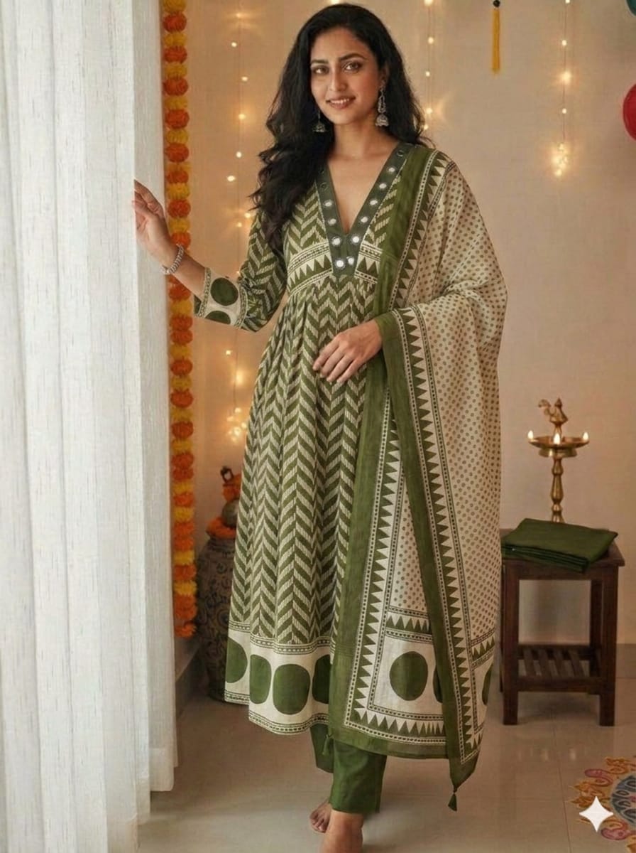 Very Beautiful Green Anarkali Cotton Suit Set