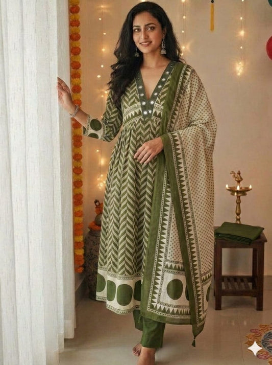 Very Beautiful Green Anarkali Cotton Suit Set