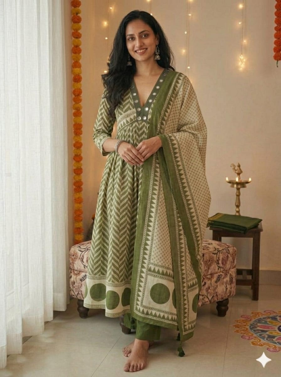 Very Beautiful Green Anarkali Cotton Suit Set