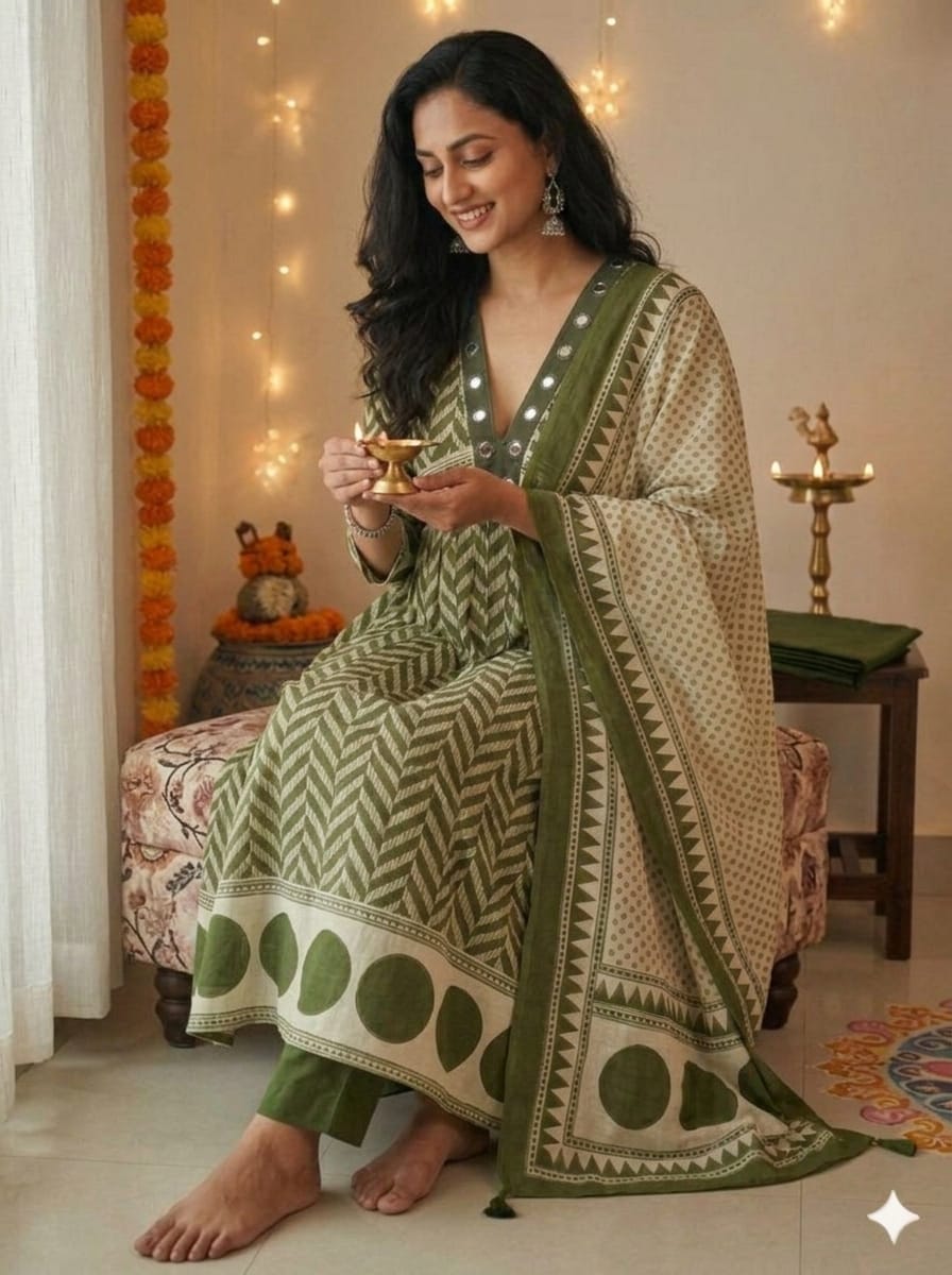 Very Beautiful Green Anarkali Cotton Suit Set