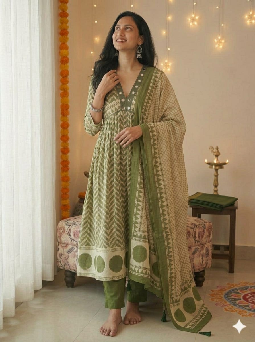 Very Beautiful Green Anarkali Cotton Suit Set