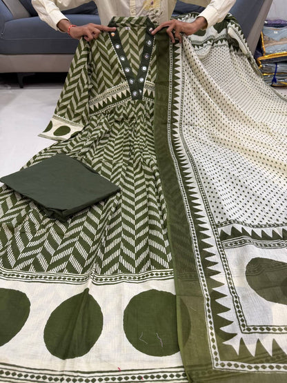 Very Beautiful Green Anarkali Cotton Suit Set