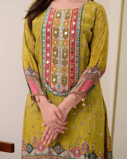 Pista Shanti Chinon Anarkali Kurti Palazzo Set with Chiffon Dupatta