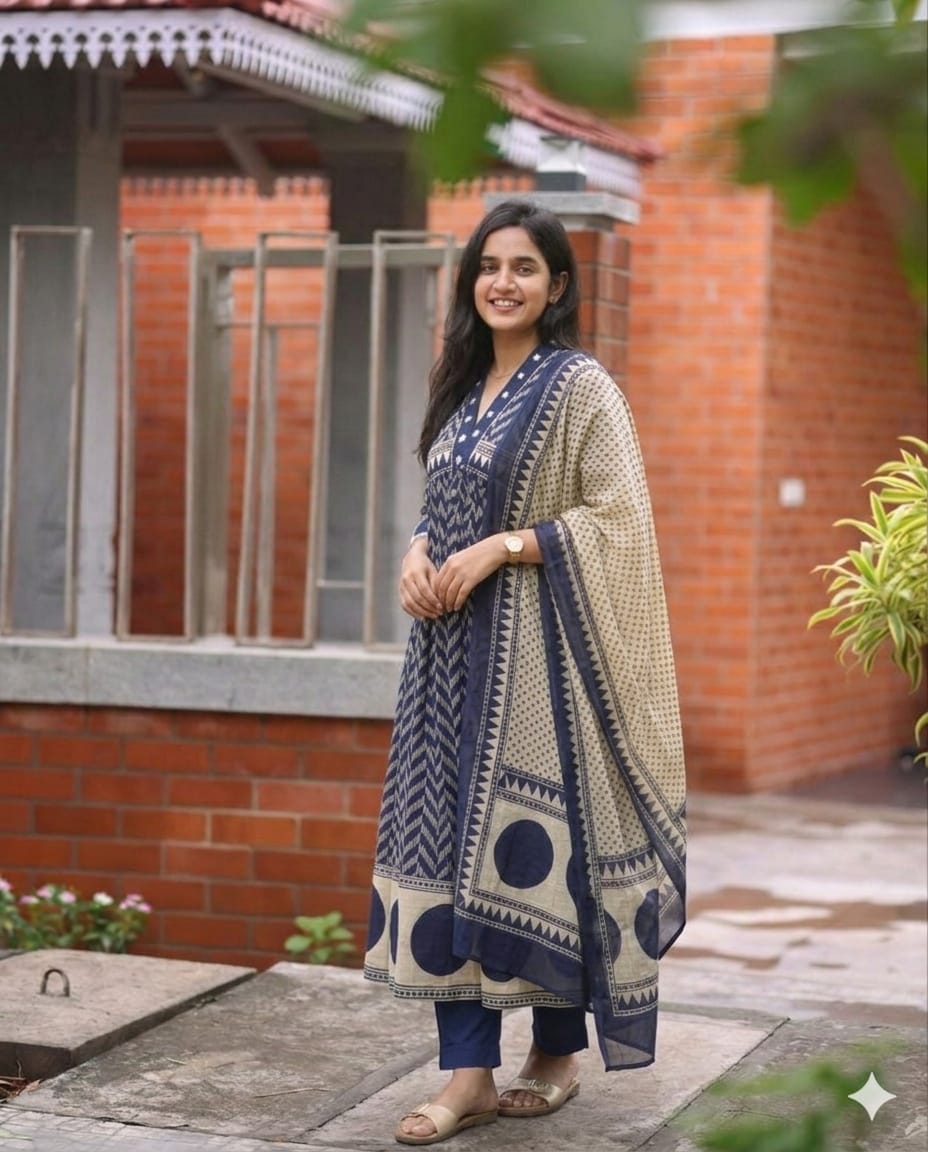 Very Beautiful Blue Anarkali Cotton Suit Set
