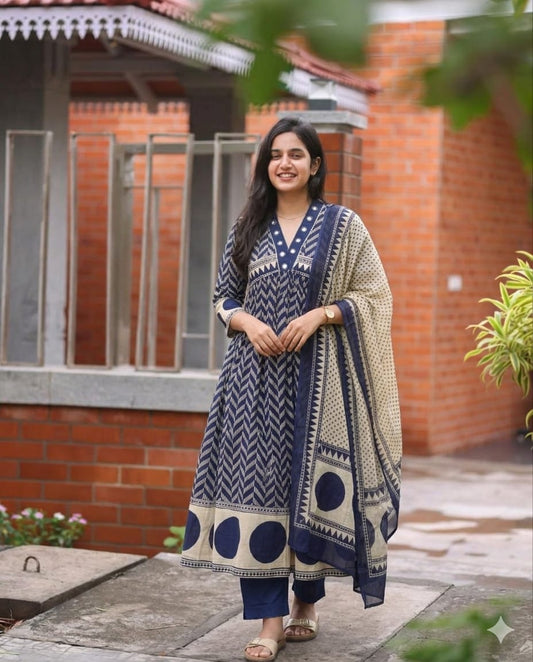 Very Beautiful Blue Anarkali Cotton Suit Set
