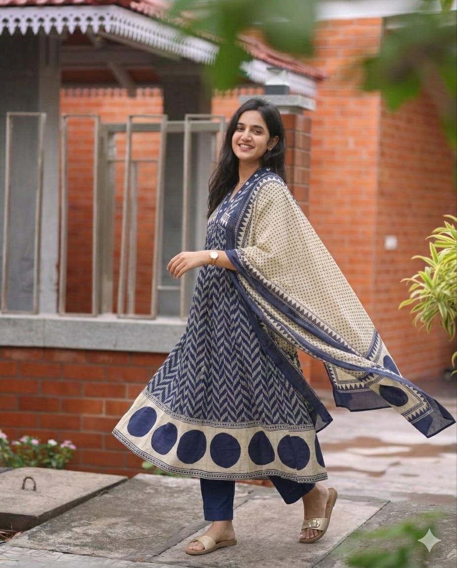 Very Beautiful Blue Anarkali Cotton Suit Set