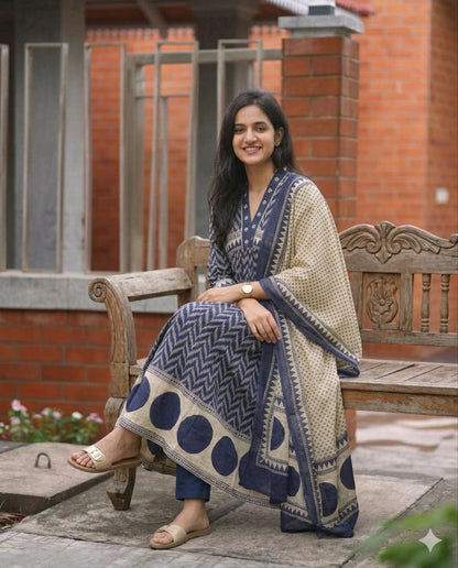 Very Beautiful Blue Anarkali Cotton Suit Set