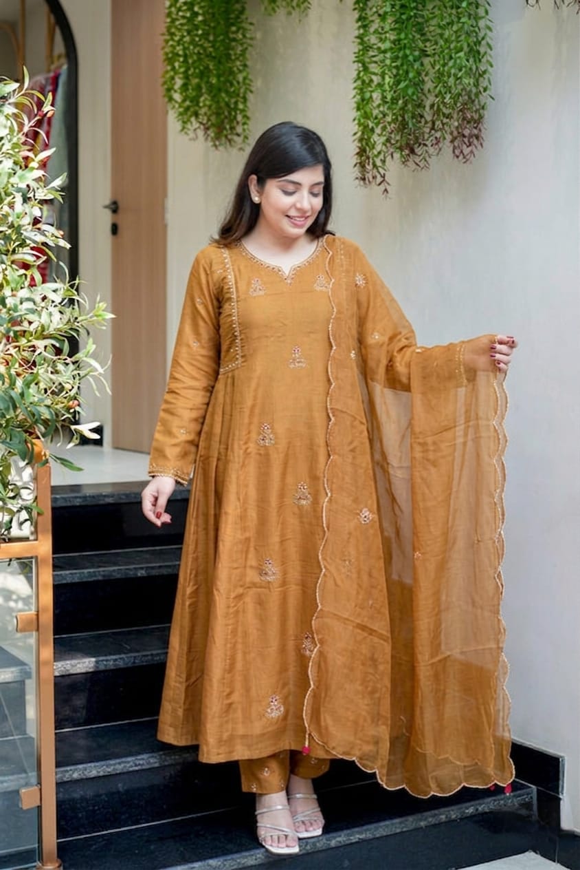 NEW ARIVELLS PURE MUL CHANDERI EMBROIDERY SUIT SET