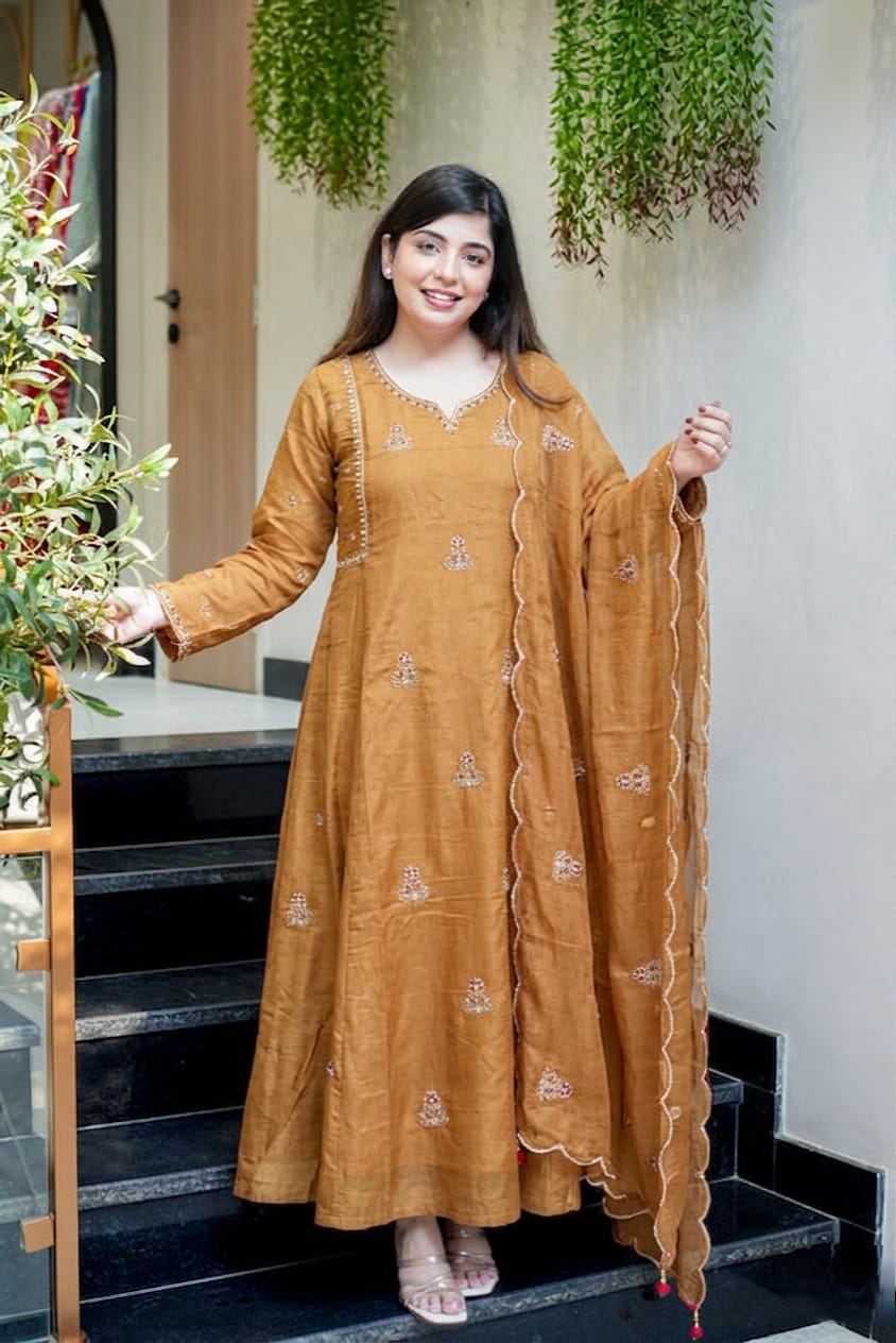 NEW ARIVELLS PURE MUL CHANDERI EMBROIDERY SUIT SET