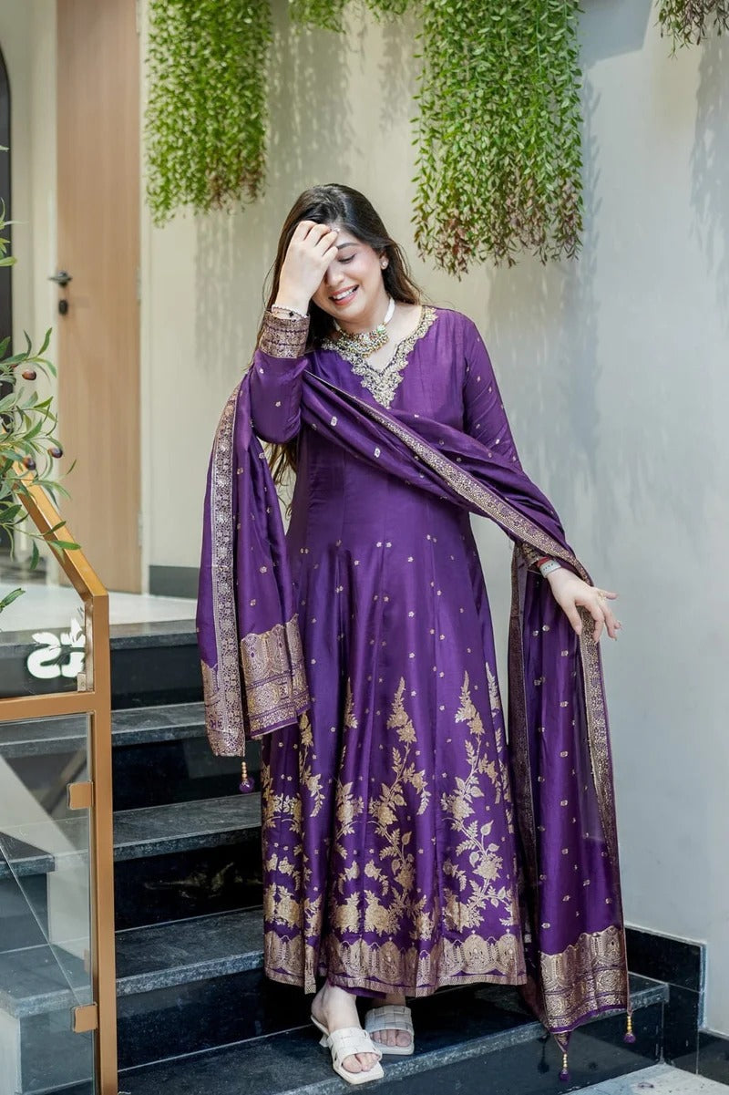 Purple Banarasi Anarkali Suit Set with Dupatta