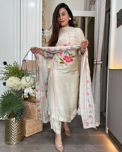 VERY GORGEOUS MUSLIN EMBROIDERED WORK SUIT SET
