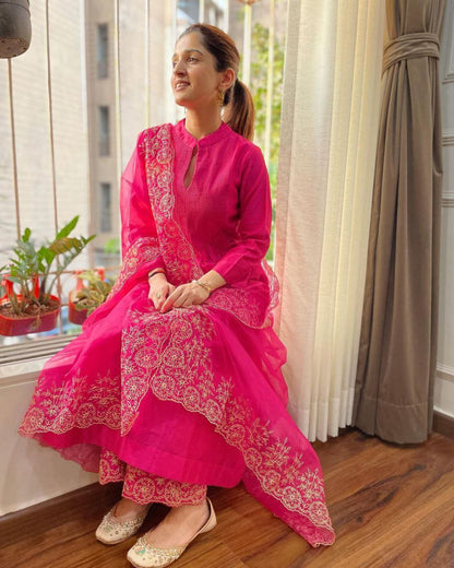 VERY ATTRACTIVE PINK PURE COTTON EMBROIDERY SUIT SET