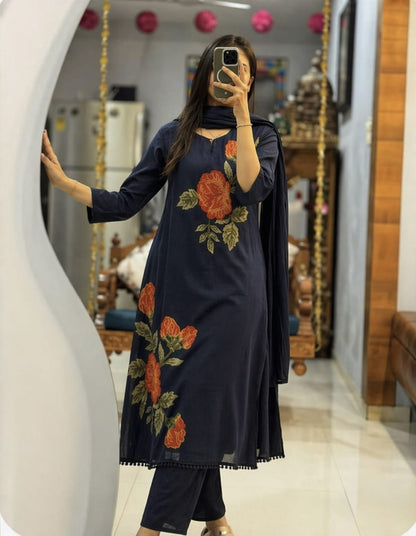 Elegant Rose Embroidery Jaipuri Cotton Suit Sets