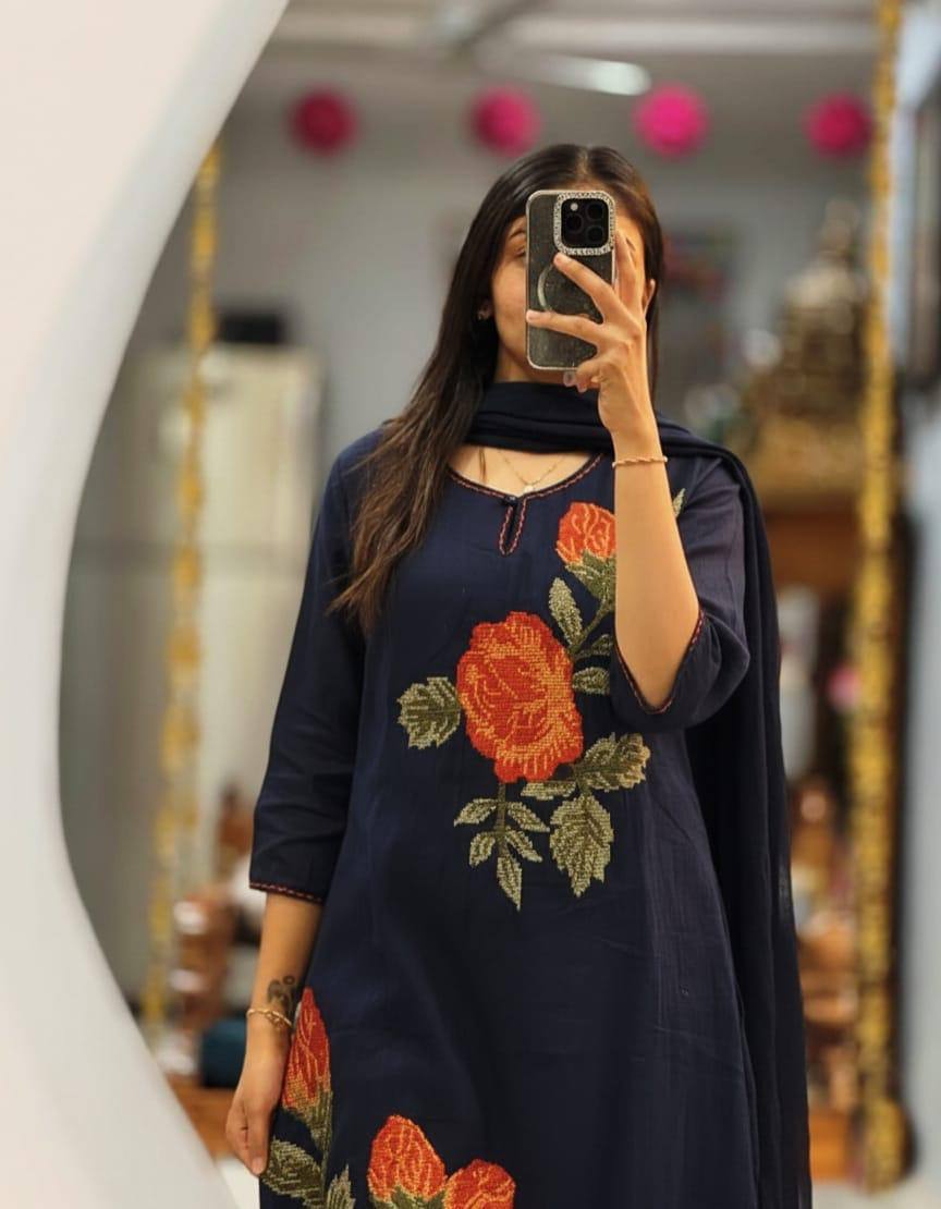 Elegant Rose Embroidery Jaipuri Cotton Suit Sets