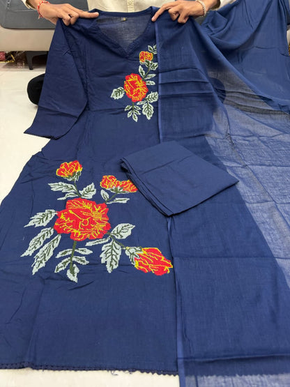Elegant Rose Embroidery Jaipuri Cotton Suit Sets