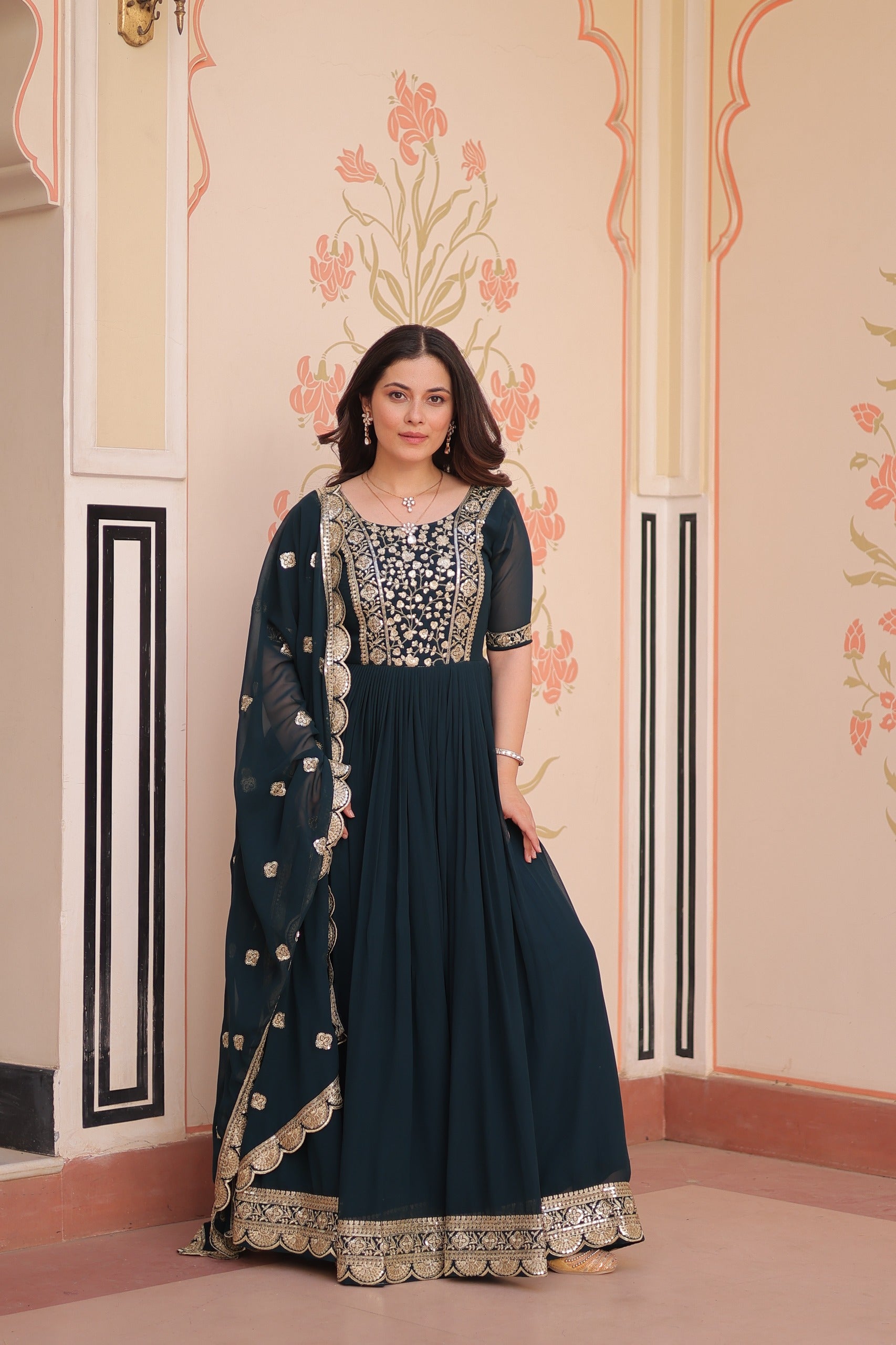 Rama Embroidered Zari Sequins Gown with Dupatta