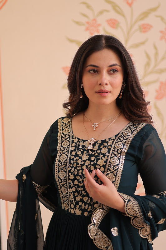 Rama Embroidered Zari Sequins Gown with Dupatta