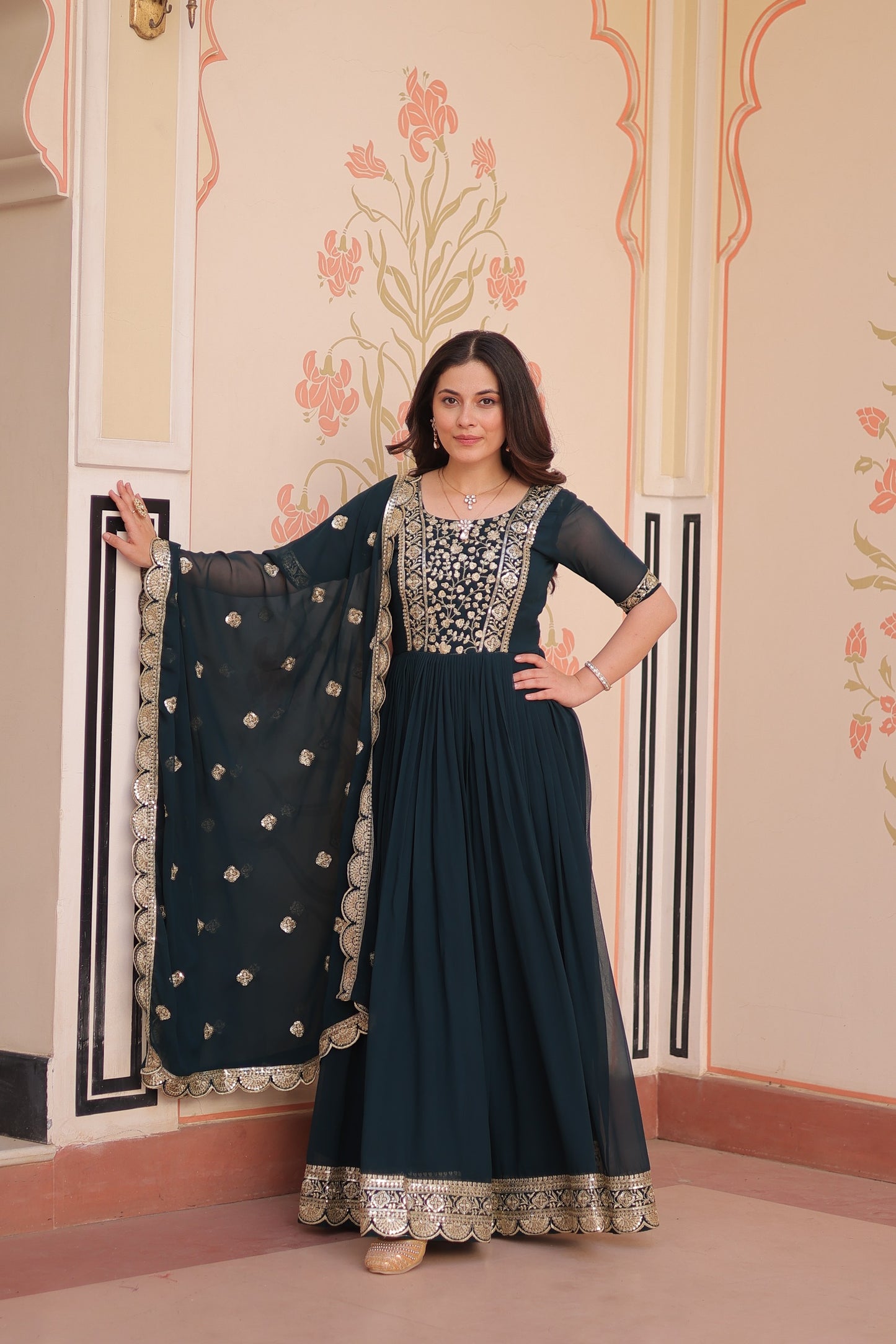 Rama Embroidered Zari Sequins Gown with Dupatta
