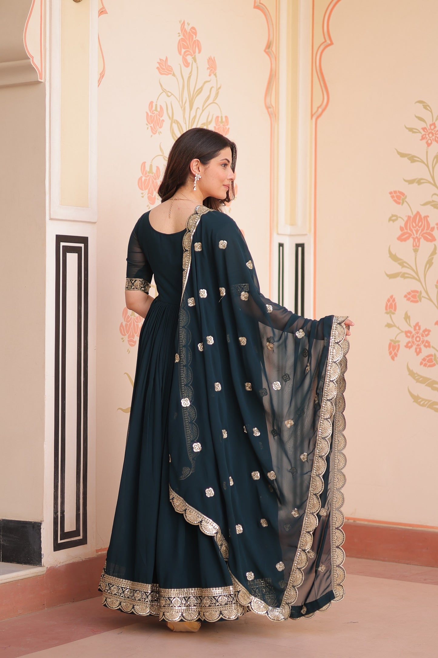 Rama Embroidered Zari Sequins Gown with Dupatta